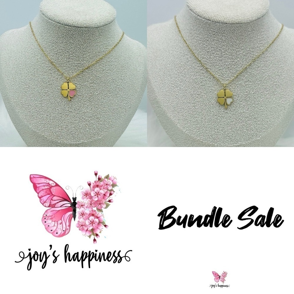 Pink & White Heart Four-Leaf Clover Pendant Necklace in Gold Bundle